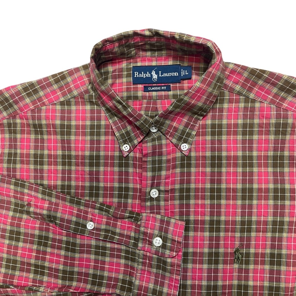 Ralph Lauren Button Down Shirt Mens Large Red Olive Green Plaid Classic Fit pony